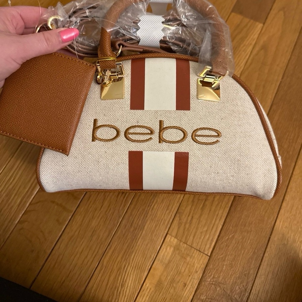 bebe Cream & Tan Striped Dome Satchel